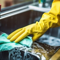 Woman washing dishes under running water dish soap man washing dirty dishes with gloves